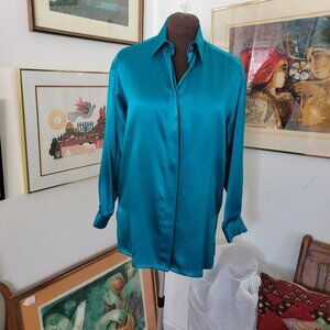 Vintage Petite Preview 100% Teal Silk Shirt Size 10